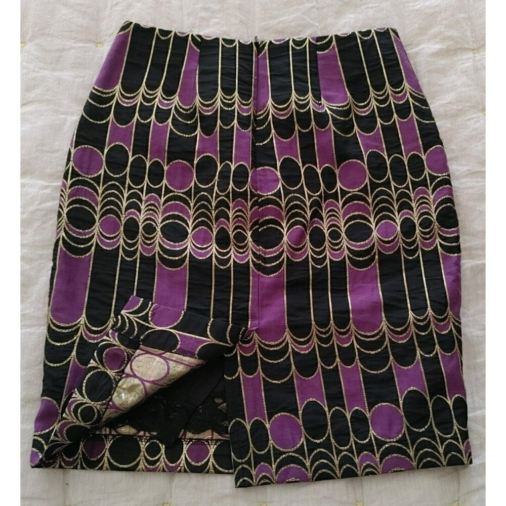 Trina Turk Rico Mini Skirt High Rise Gold Foil Circles Purple Black Size 2 - Picture 2 of 5
